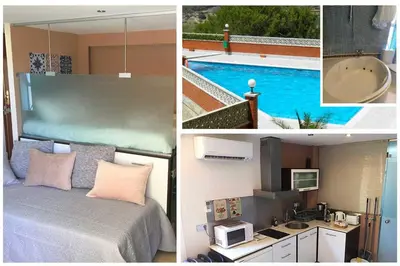 a collage of pictures of a bedroom and a pool at Sitges Studio in Sitges