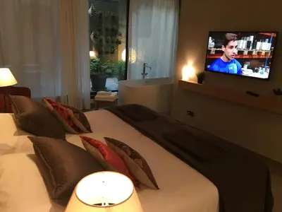 a bedroom with a bed with a tv on the wall at Hotel Calabria in La Garriga