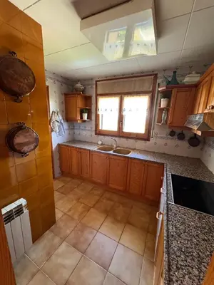 a kitchen with wooden cabinets and a sink and a window at Finca La Pedrera in Capellades