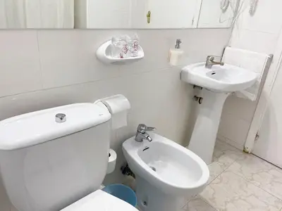 a white bathroom with a toilet and a sink at Hostal Ramos in Barcelona