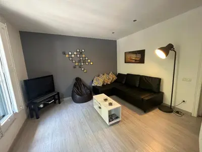 a living room with a couch and a television at Barcelona 54 Apartment Rentals in Barcelona