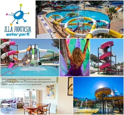 a collage of photos of a water park at Complex Vicor in Vilassar de Mar