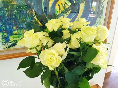 a vase of yellow roses in front of a painting at Complex Vicor in Vilassar de Mar