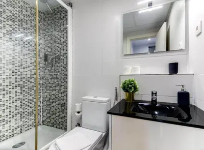 a bathroom with a toilet and a sink and a shower at City&Beach Apartments in City Center in Barcelona