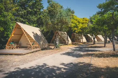 a row of tents in a field with trees at HolaCamp Sitges Relax in Sitges