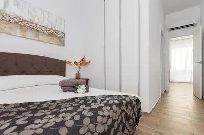 a bedroom with a bed with a black and white bedspread at Matarolux 7 in Mataró