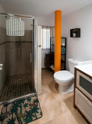 a bathroom with a shower and a toilet and a sink at Apartamento Mar y Montaña in Argentona