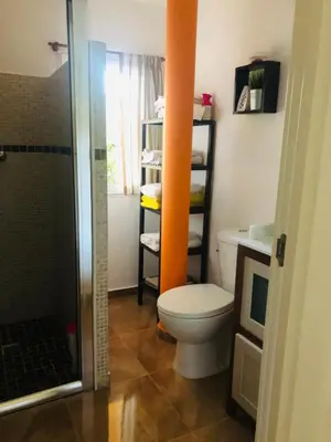 an orange pole in a bathroom with a toilet and a shower at Apartamento Mar y Montaña in Argentona