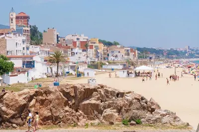 a group of people on a beach with a large rock at Claire Seaview & Beach-apartment in Montgat