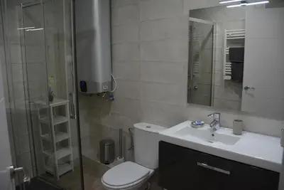 a bathroom with a toilet and a sink and a shower at Apartamento Flavia II Sant Damià in Sitges