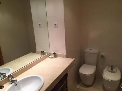 a bathroom with a sink and a toilet and a mirror at Apartamento FIRA Barcelona in Hospitalet de Llobregat