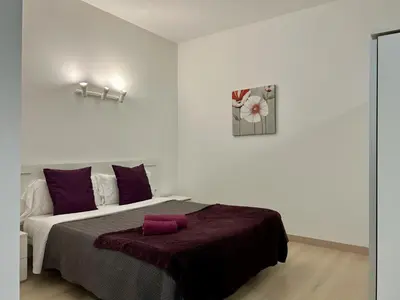 a bedroom with a large bed with purple pillows at Apartahotel Baldiri in Sant Boi del Llobregat