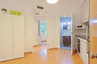 a kitchen with white cabinets and a wooden floor at Alcam Paseo San Juan in Barcelona