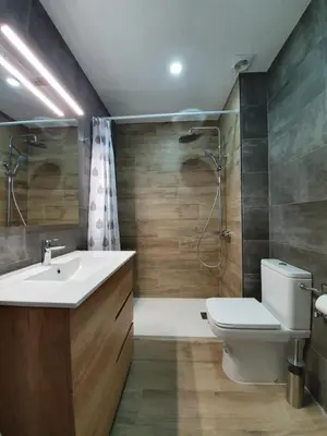 a bathroom with a sink and a toilet and a shower at Apartment Beach Front Sant Pol in San Pol de Mar