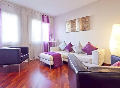 a living room with a white couch and purple pillows at Ciutadella Park Born in Barcelona