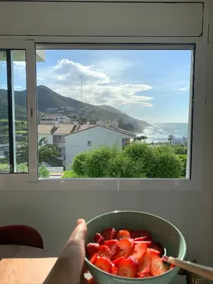 a person holding a bowl of strawberries in front of a window at La Marina de Aiguadolç in Sitges