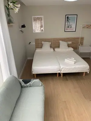 a living room with two beds and a couch at Plaza de España independent house in Barcelona