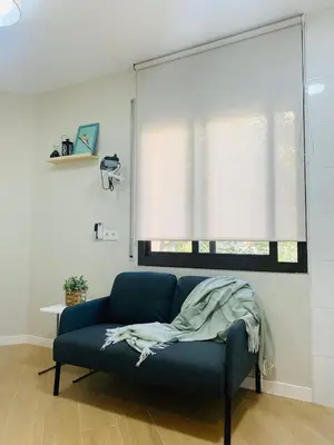 a blue couch in a living room with a window at Plaza de España independent house in Barcelona