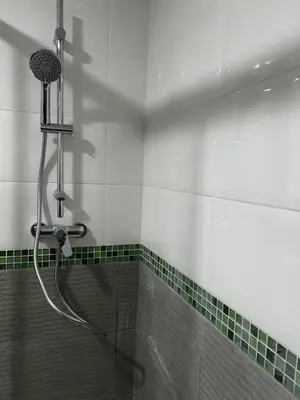 a shower in a bathroom with green and white tiles at Apartment Foix in Cubelles