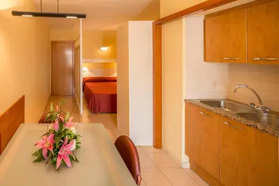 a kitchen with a sink and a table with flowers on it at Aparthotel Bertrán in Barcelona