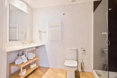 a white bathroom with a toilet and a shower at Amister Apartments in Barcelona