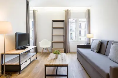 a living room with a couch and a tv at Amister Apartments in Barcelona