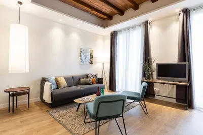 a living room with a couch and a tv at Aspasios Urquinaona Apartments in Barcelona