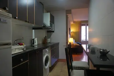 a kitchen with a washer and a washing machine at ApartEasy - Montjuïc & Fira in Barcelona