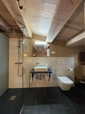 a bathroom with a sink and a toilet and a shower at Can Rovira de Fogars in Montseny