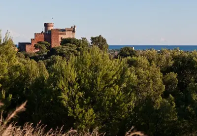 a castle on top of a hill with trees at Apartments Playa de Castelldefels in Castelldefels