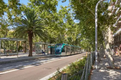 a blue and white tram on a street with trees at Diagonal Apartments in Barcelona