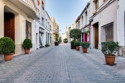 an empty street with potted plants and buildings at Casa Premia in Premiá de Mar