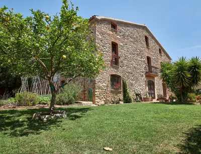 a large stone building with a tree in the yard at Rincón de piedra BCN in Corró de Vall