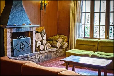 a living room with a fireplace and a couch and a table at Hostal l'Avet Blau in Santa Fe de Montseny