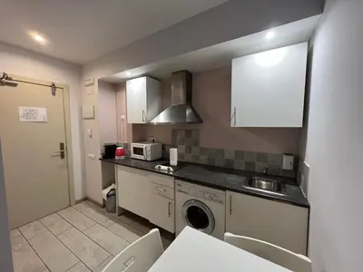 a small kitchen with a sink and a washing machine at Apartamentos Comfort Calella in Calella