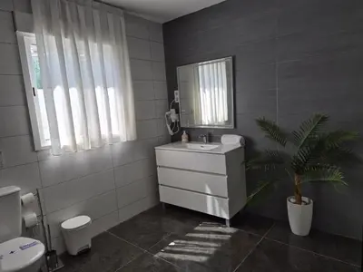 a bathroom with a sink and a mirror and a plant at Luxurious Villa Marly II piscina climatizada in Castelldefels