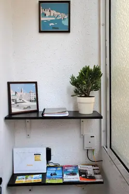a shelf on a wall with books and a plant at BCN 324 Apartment in Barcelona
