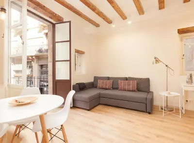 a living room with a couch and a table at Alsina · Historical center - Barrio Gótico in Barcelona
