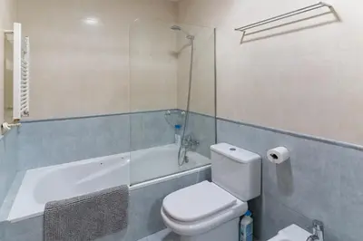 a bathroom with a toilet and a shower and a tub at Céntrico apartamento con terraza in Barcelona