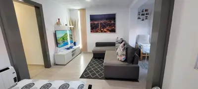 a living room with a couch and a flat screen tv at APARTAMENTS B O D CoLLBLANC in Hospitalet de Llobregat