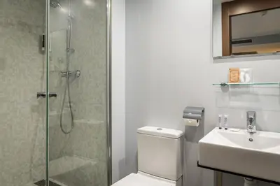 a bathroom with a shower and a toilet and a sink at Hotel Madanis Liceo in Hospitalet de Llobregat