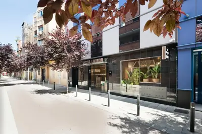 a street in front of a building with plants at Hotel Acta Laumon in Barcelona