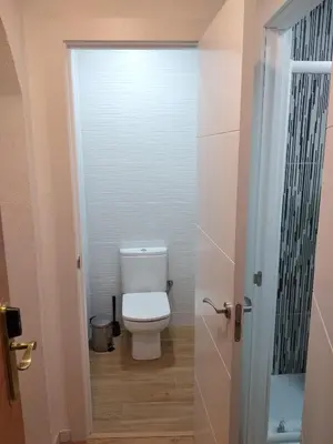a white toilet in a bathroom with a door at Hostal Restaurante Cornella in Cornellà de Llobregat