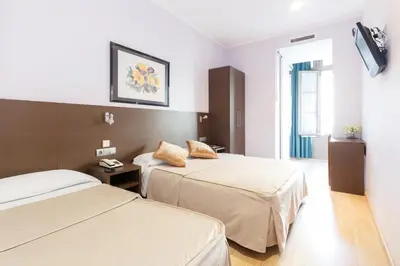 a hotel room with two beds and a television at Ciudad Condal Hostal - Paseo de Gracia in Barcelona