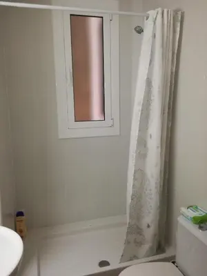 a bathroom with a shower curtain and a toilet at Hostal Lesseps in Barcelona