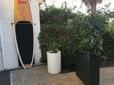 a surfboard and two potted plants next to a building at Beach House in Castelldefels