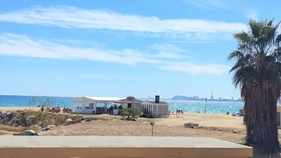 a beach with houses and a palm tree and the ocean at Cristina Port & Beach - Apartment in Masnou