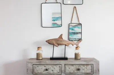 a wooden dresser with a shark skeleton on top of it at Vilasarmarlux II in Vilassar de Mar