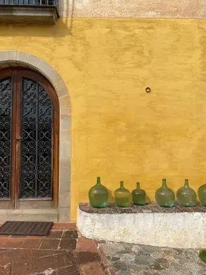 a group of green vases sitting on a wall at B&B Can Casadella in Premia de Dalt