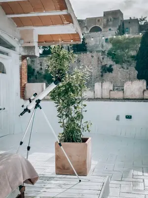 a camera on a tripod next to a plant at Suite con Jacuzzi in Canyelles